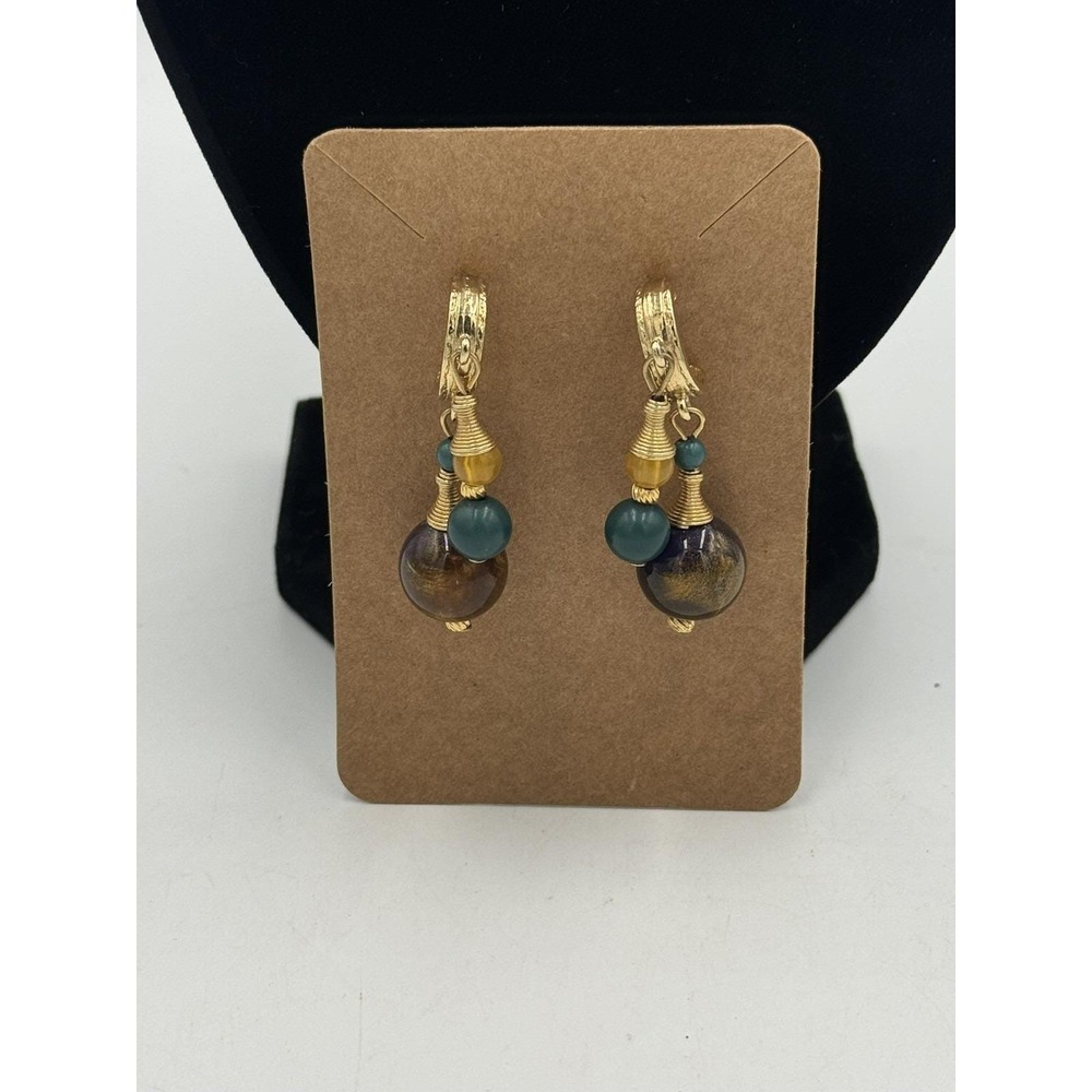 Vintage 80's gold tone hoops dangle colorful beaded post earrings pierced